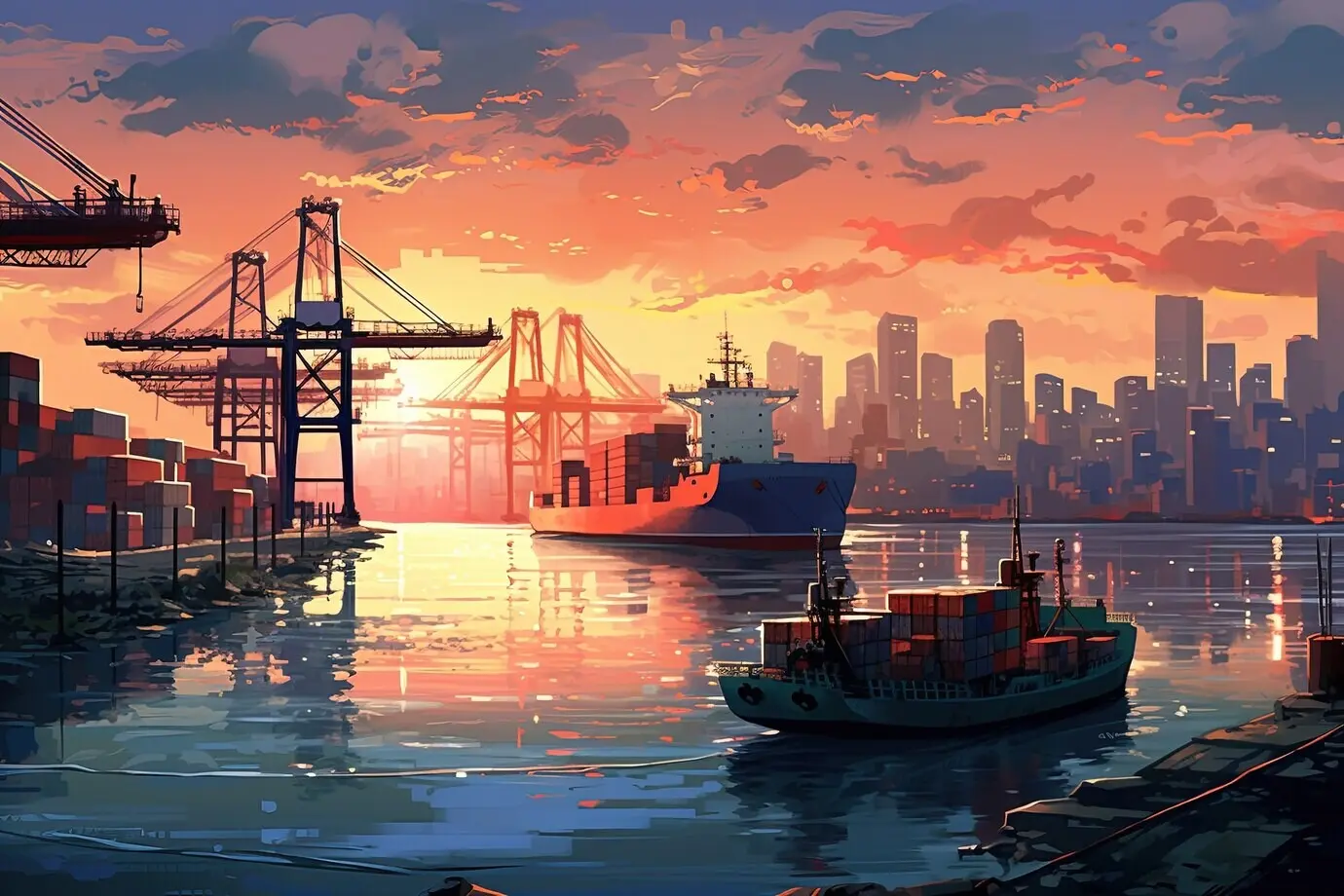 Digitale Kunst, die Stadtlandschaft und Architektur zeigt.